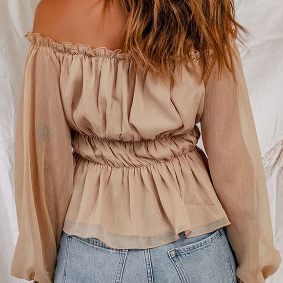 Frill Trim Off-Shoulder Elastic Waist Blouse - Picture 2 of 3